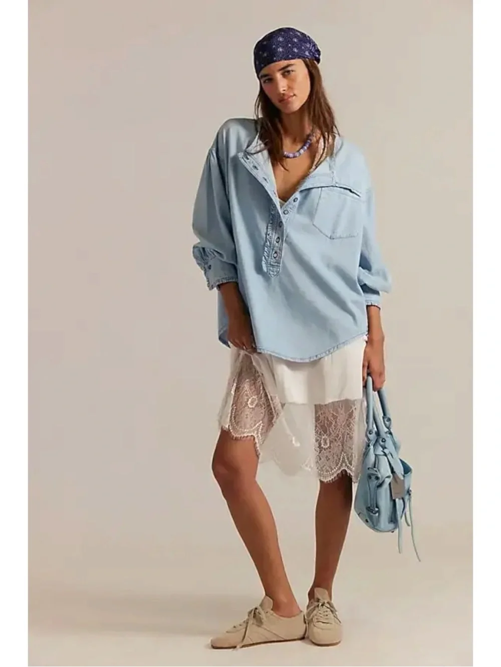 Free People Bohemian Oversized Denim Chambray Dreaming Pullover Tunic Shirt XS